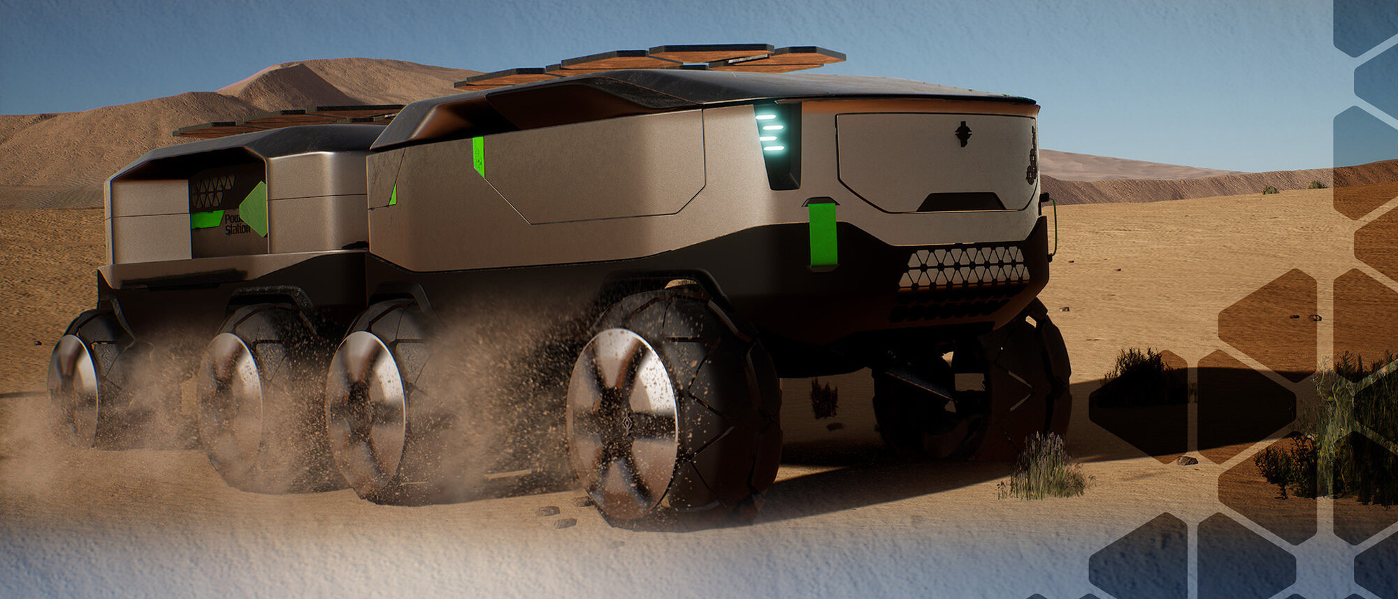 Unimog Rover concept moving through desert kicking up dust, three-quarter front view showing rover and one trailing module