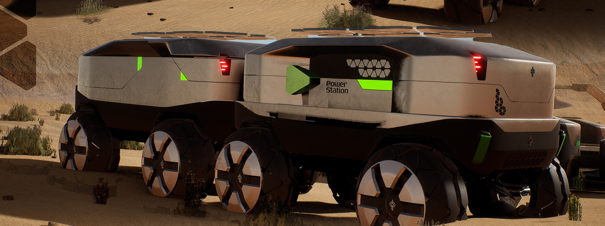 Unimog Rover concept assembled as a multi-axle road train in side view, with Power Station module visible