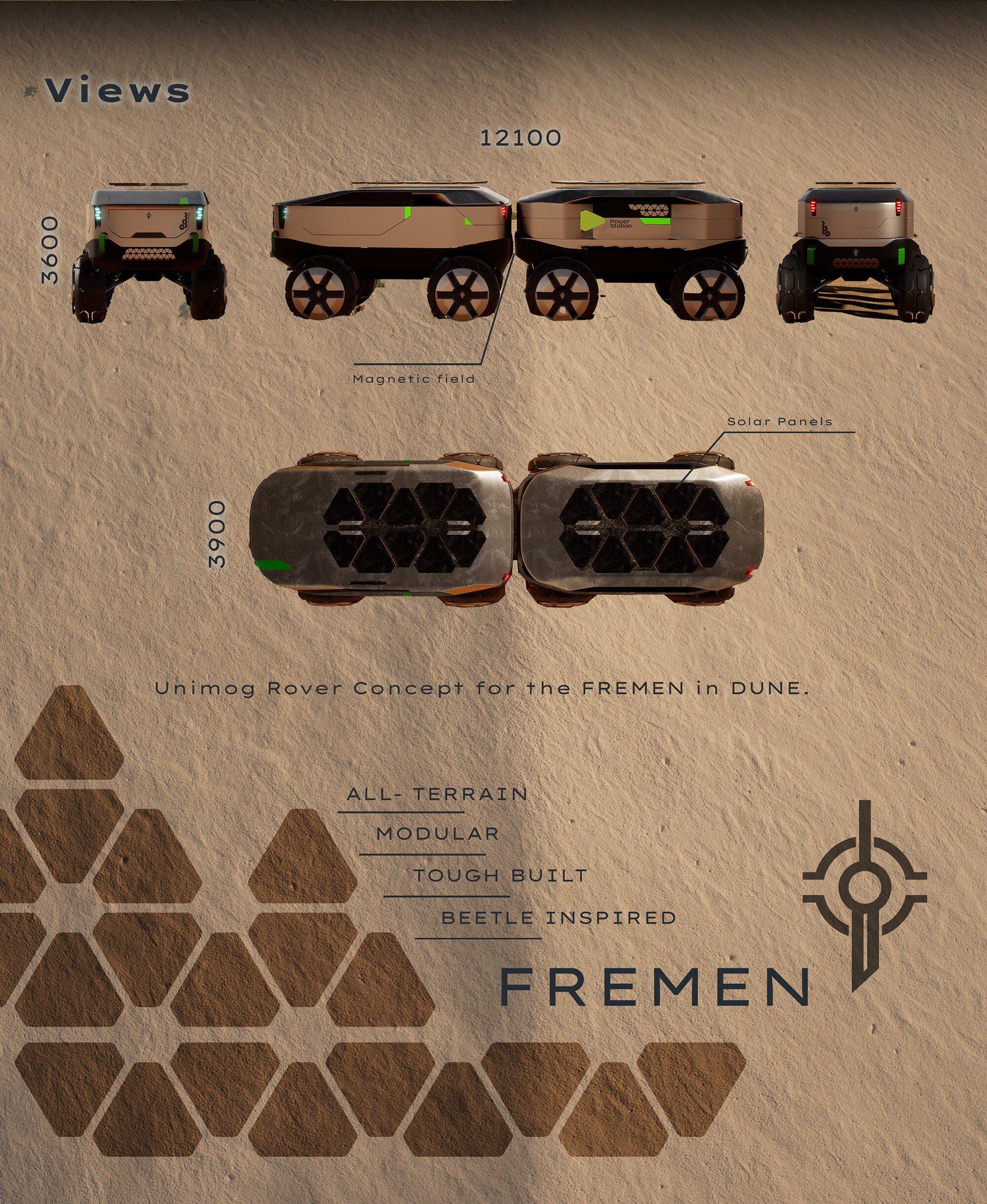 Unimog Rover technical specification sheet showing front view, full side road train at 12100mm length, rear view, top view at 3900mm width, height 3600mm, and design pillar callouts: all-terrain, modular, tough built, beetle inspired. Fremen sigil at lower right.