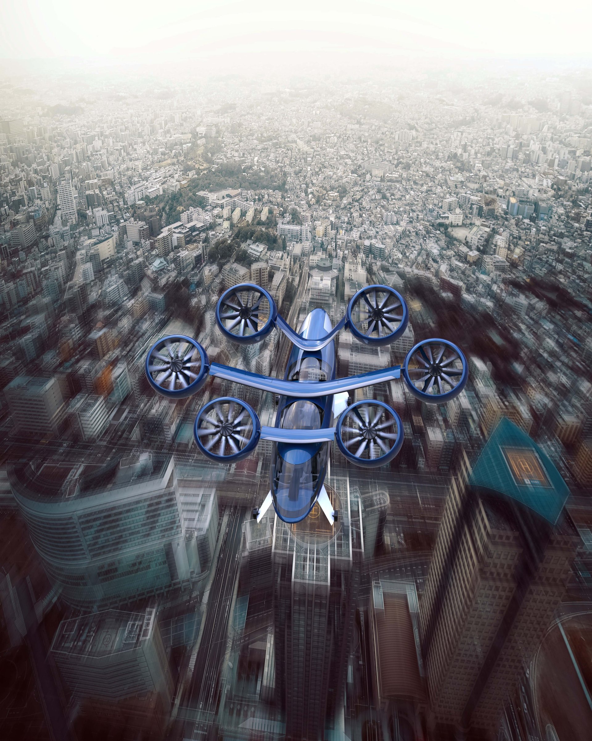 Urbaneer top-down over a city