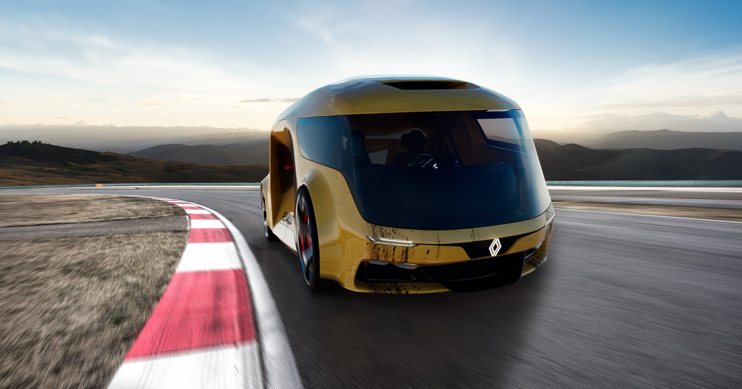 Van concept cornering on a mountain circuit at golden hour