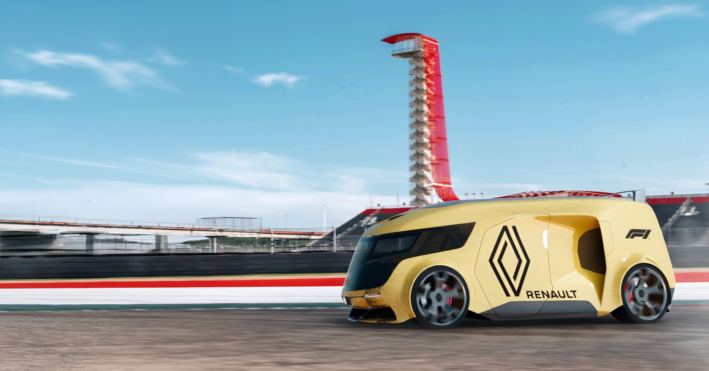 Van concept at speed on a circuit with observation tower