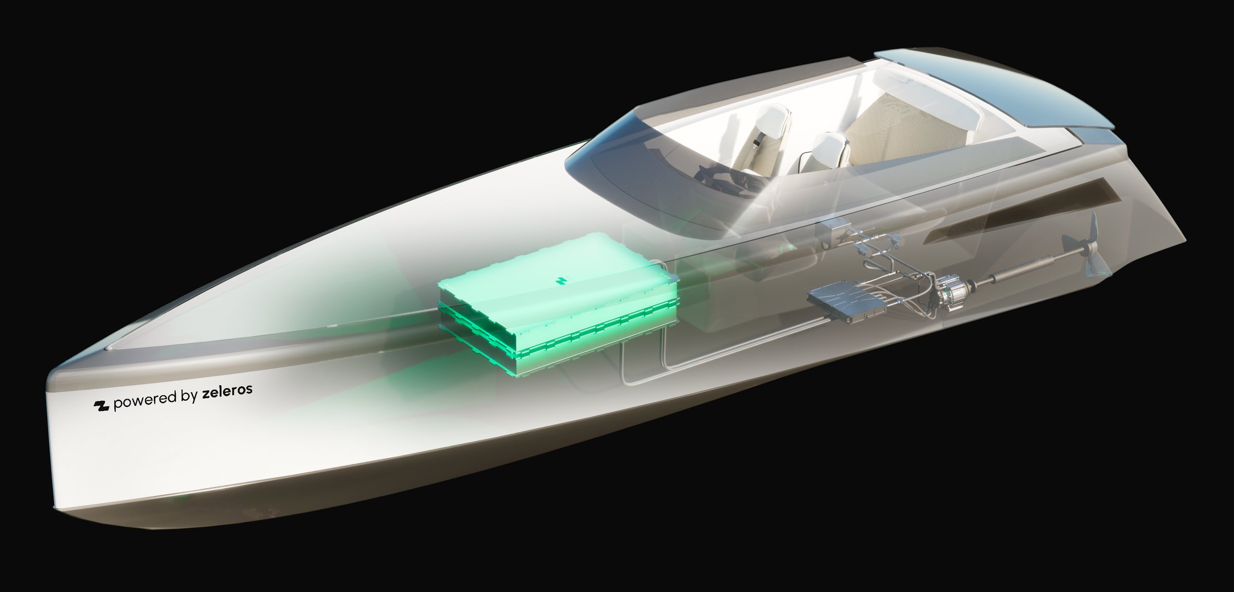 Ghosted electric dayboat showing a stacked battery pack amidships