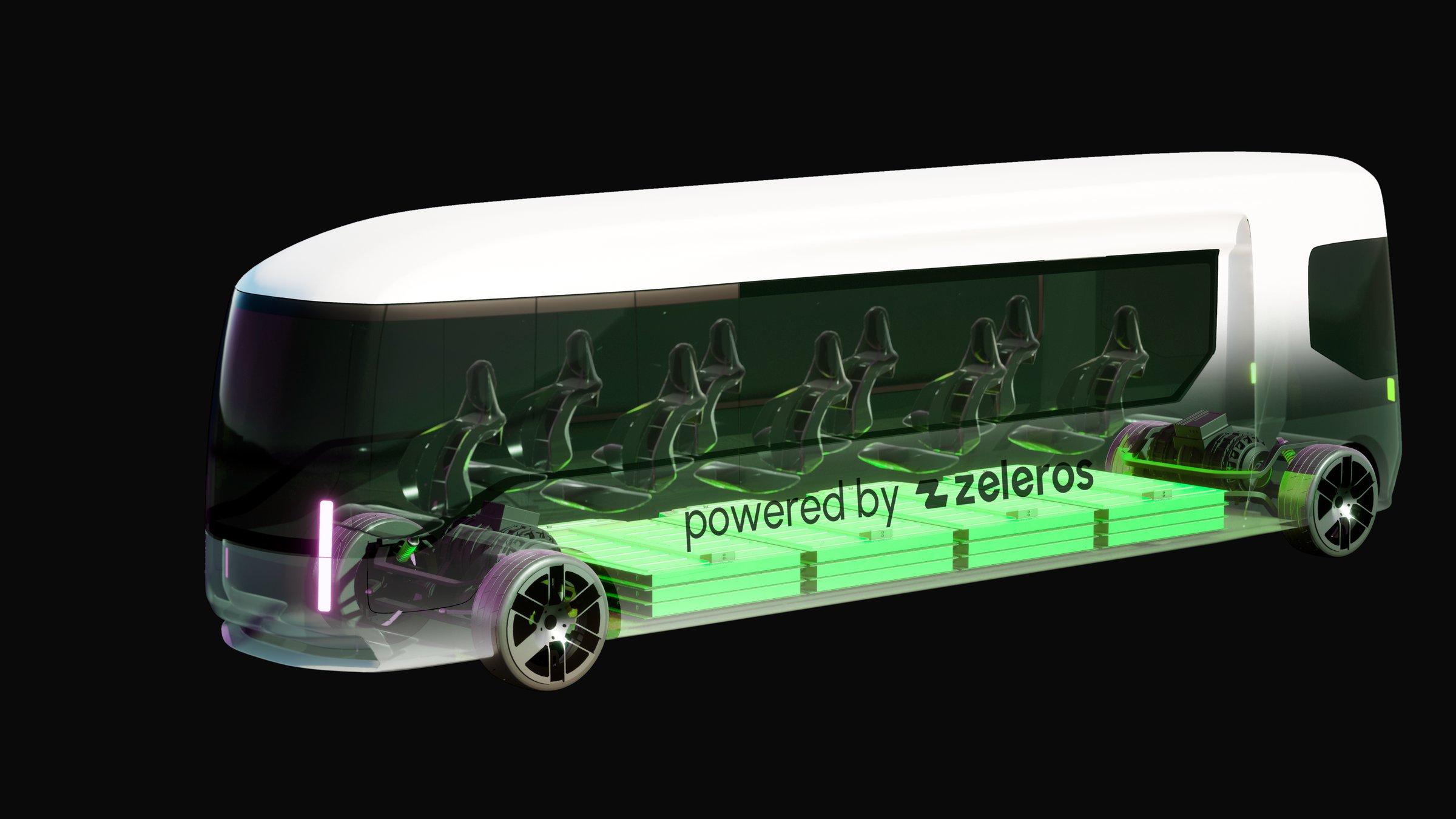 Ghosted electric bus showing floor-mounted Zeleros battery packs
