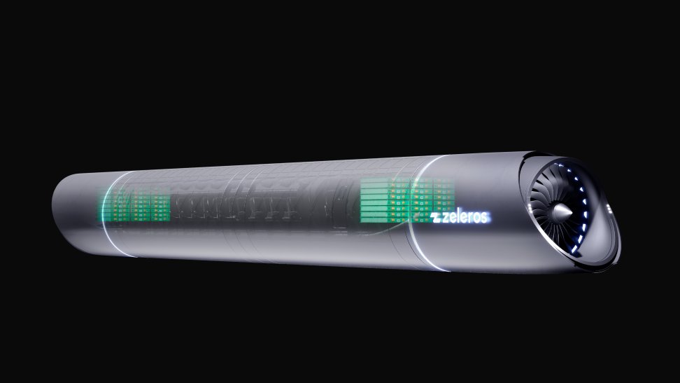 Zeleros hyperloop vehicle with onboard battery modules visible through the shell