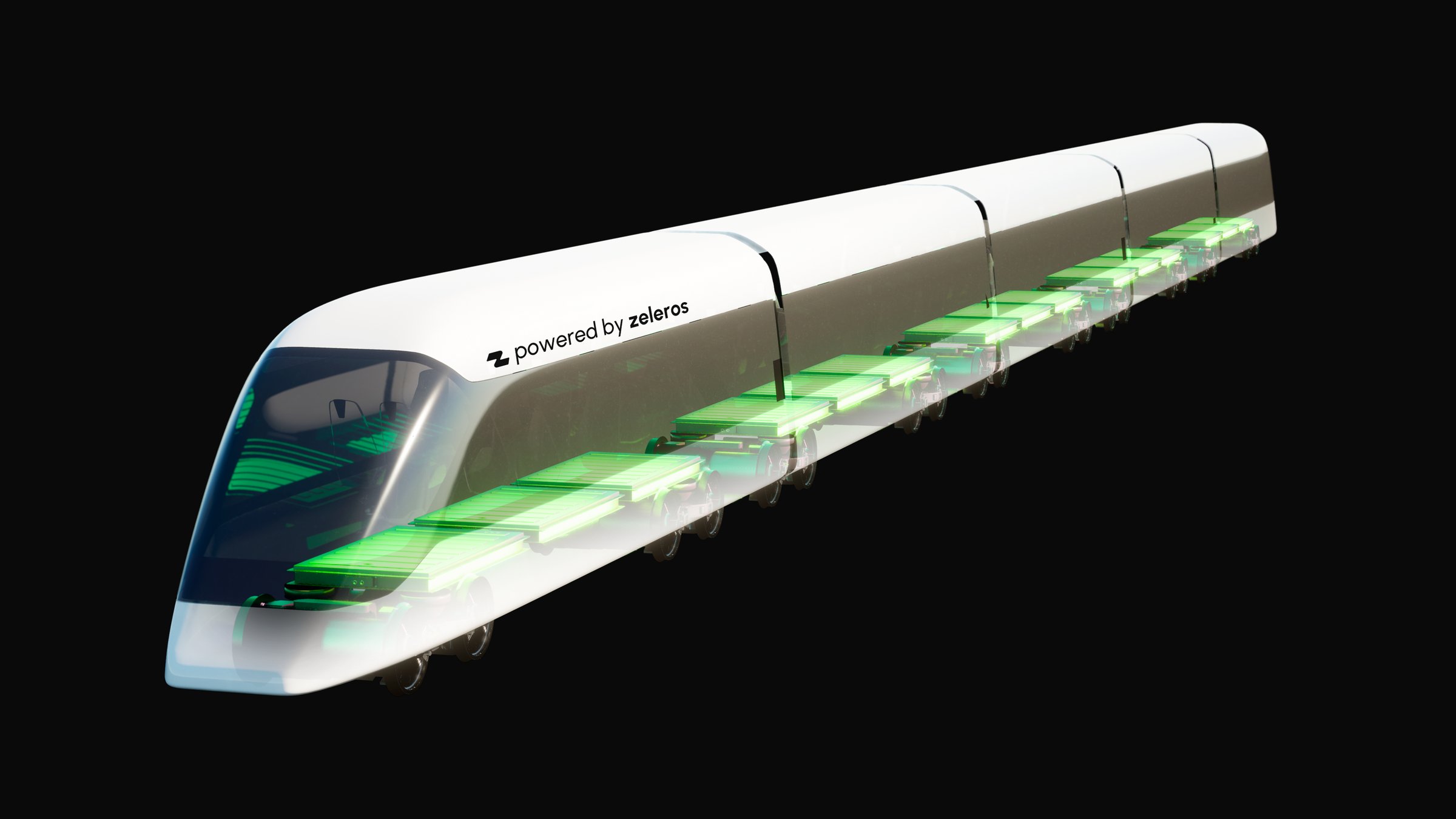 Ghosted battery-electric train showing underfloor packs along the consist