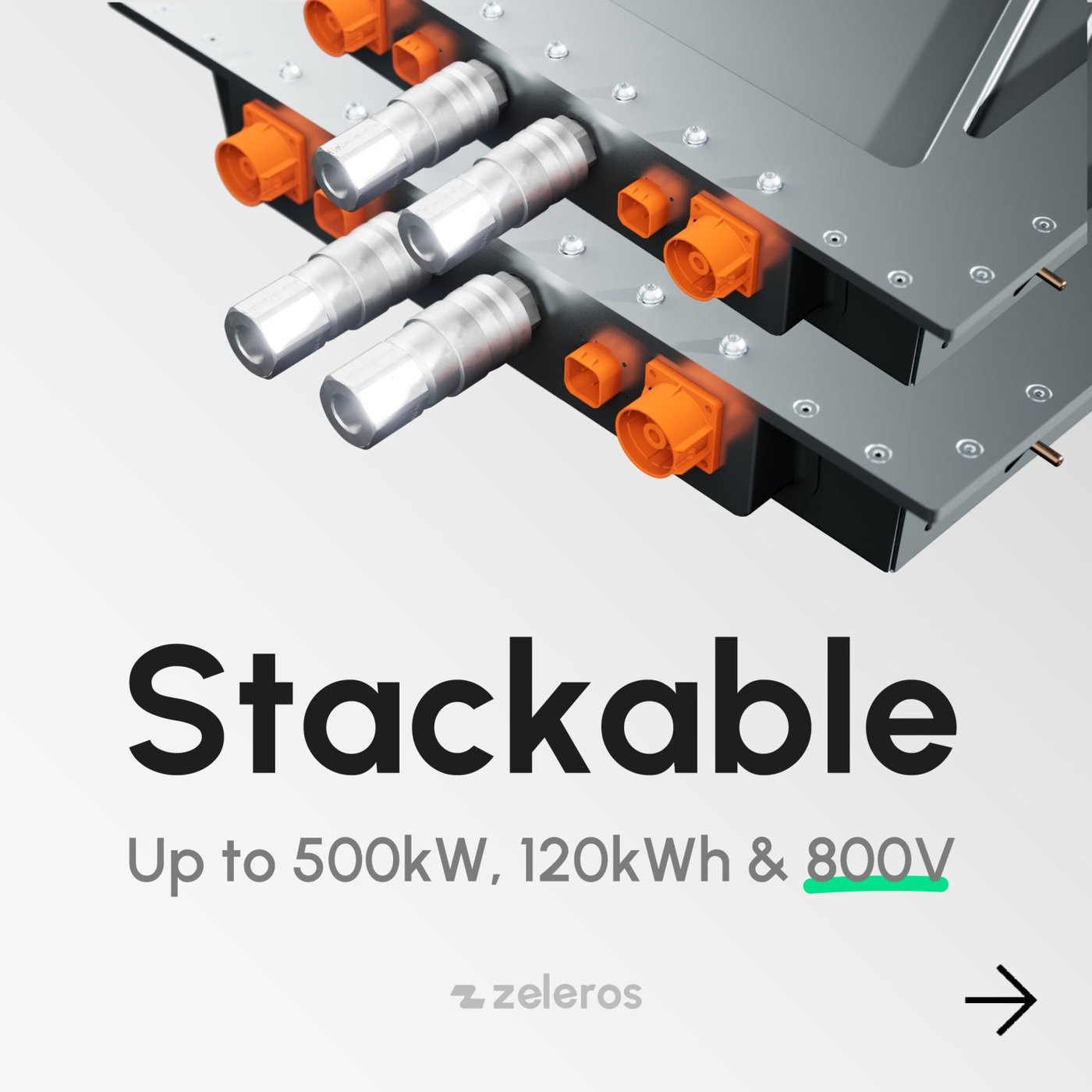 Close render of stacked Zeleros packs and their high-voltage and coolant connectors