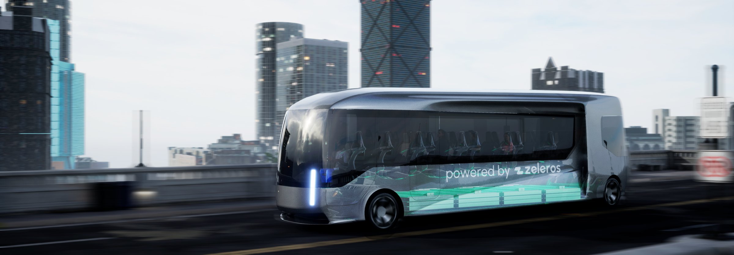 Electric bus powered by Zeleros batteries driving through a city