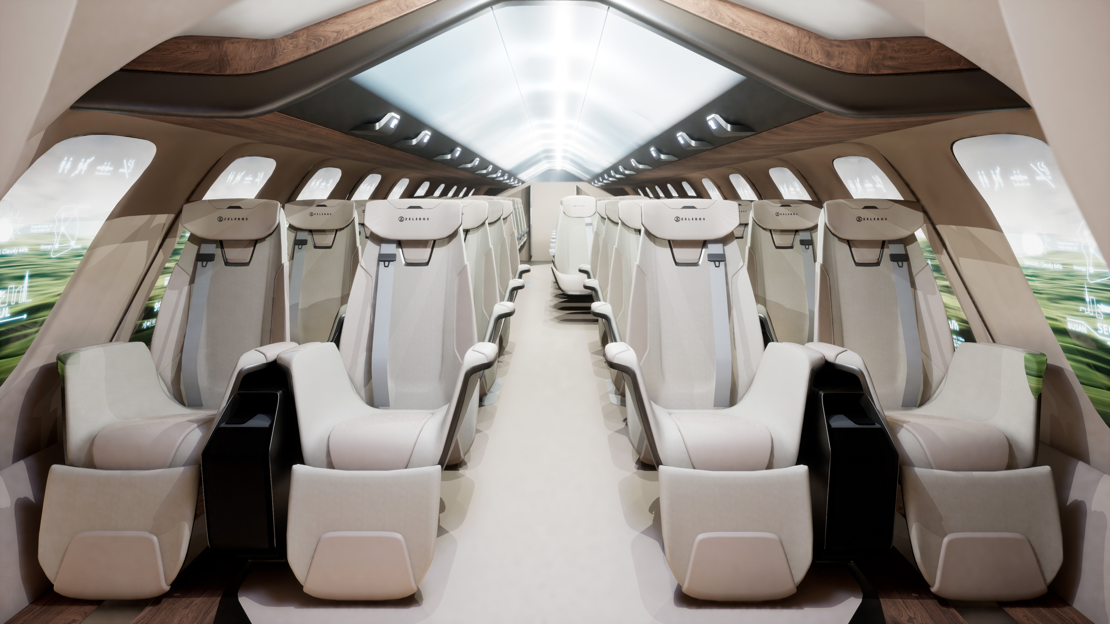 Zeleros upright belted passenger seats with route display