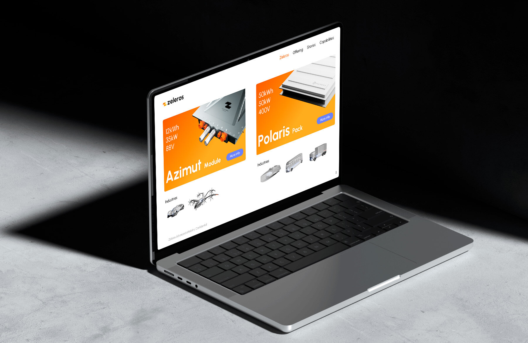 Zeleros product deck on a MacBook, orange colourway