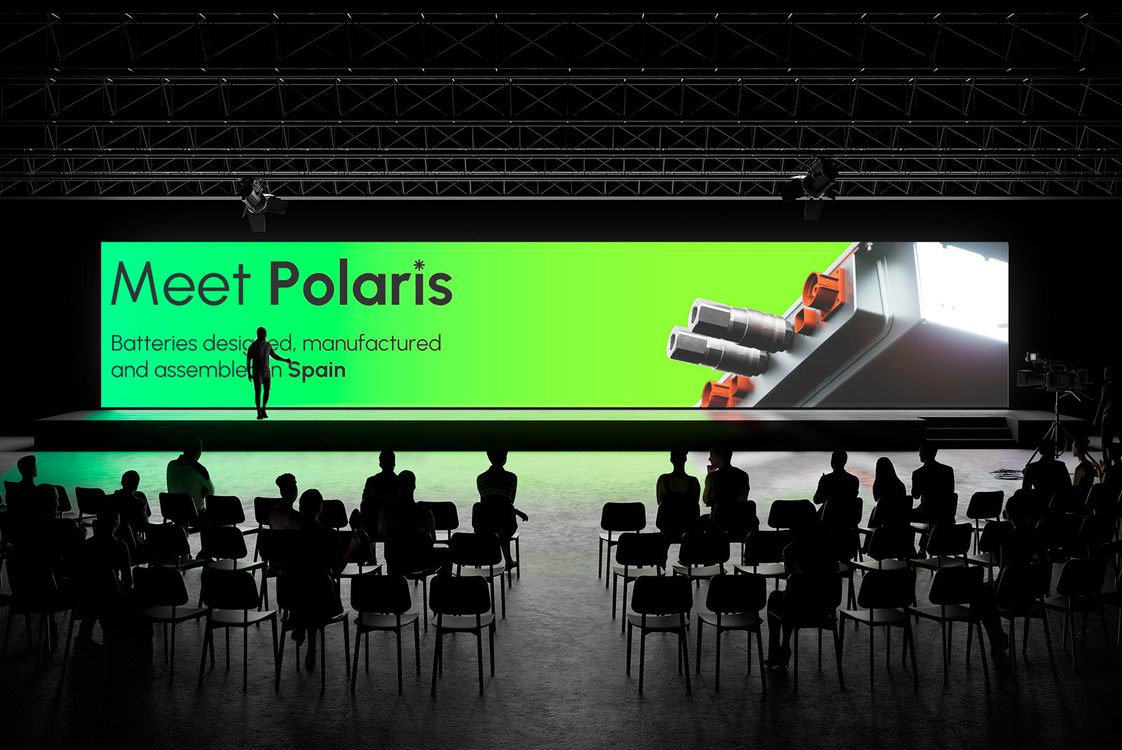 Meet Polaris on a large stage screen, green colourway