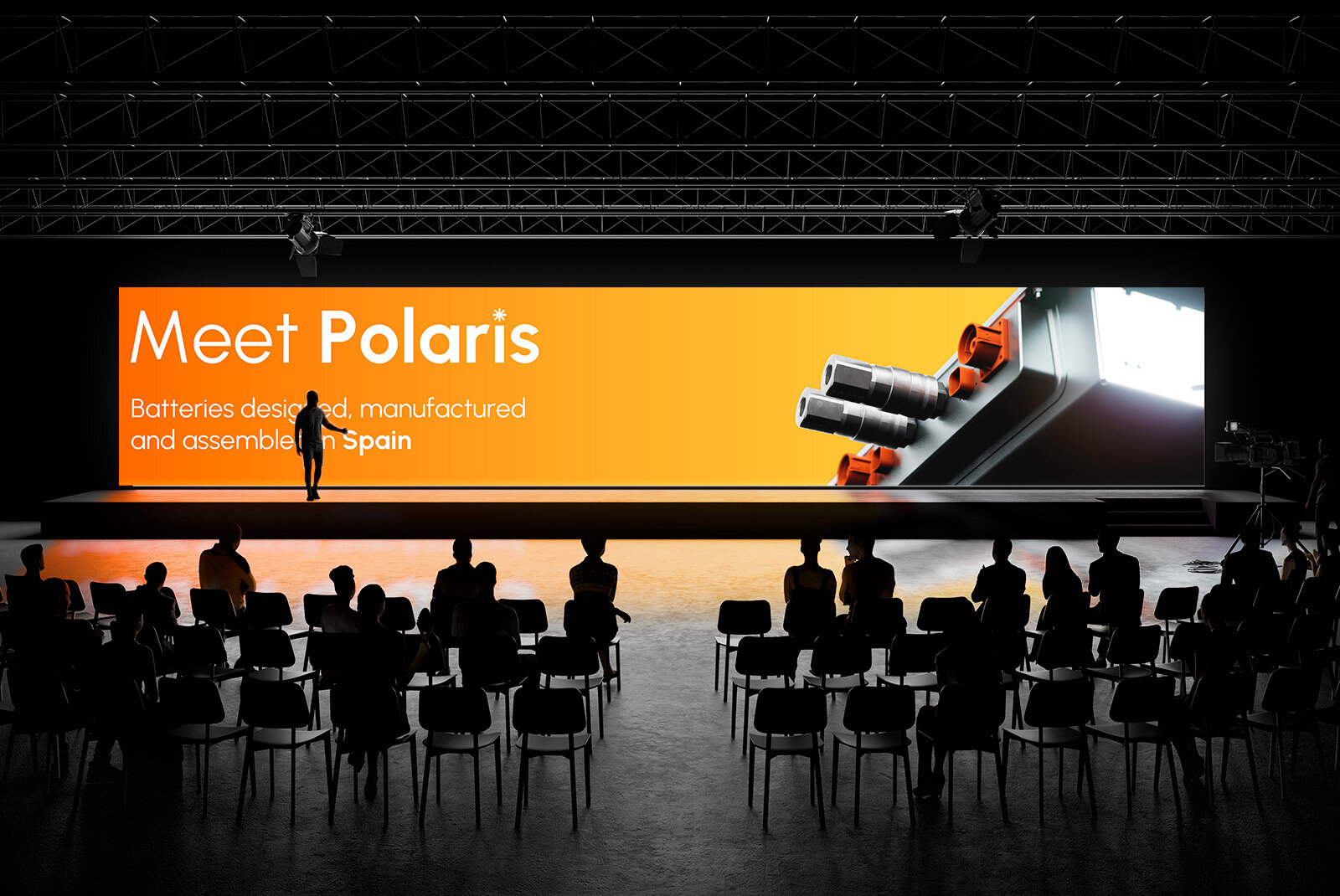 Meet Polaris on a large stage screen, orange colourway
