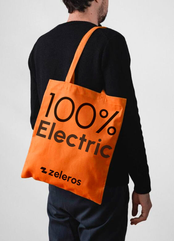 Zeleros orange tote bag with dark 100% Electric print
