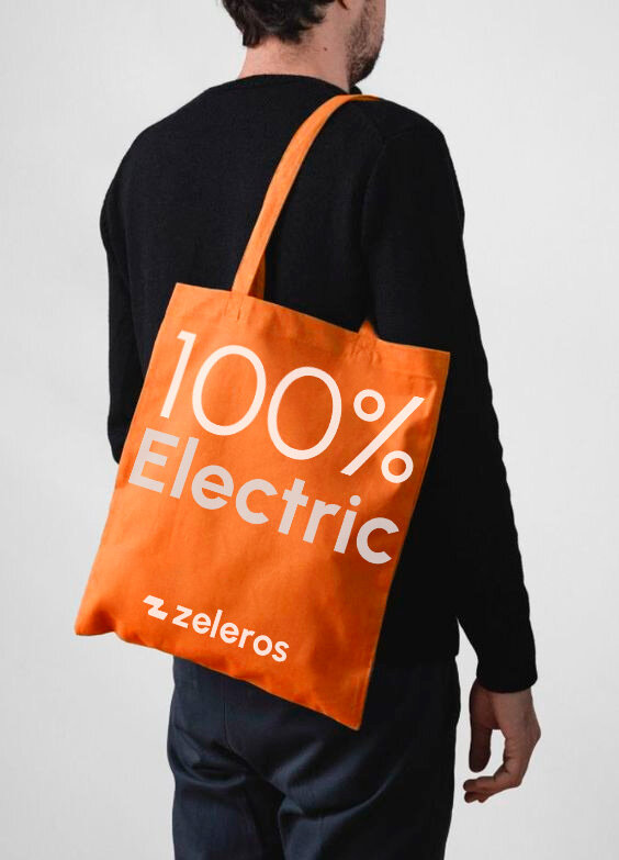 Zeleros orange tote bag with 100% Electric print