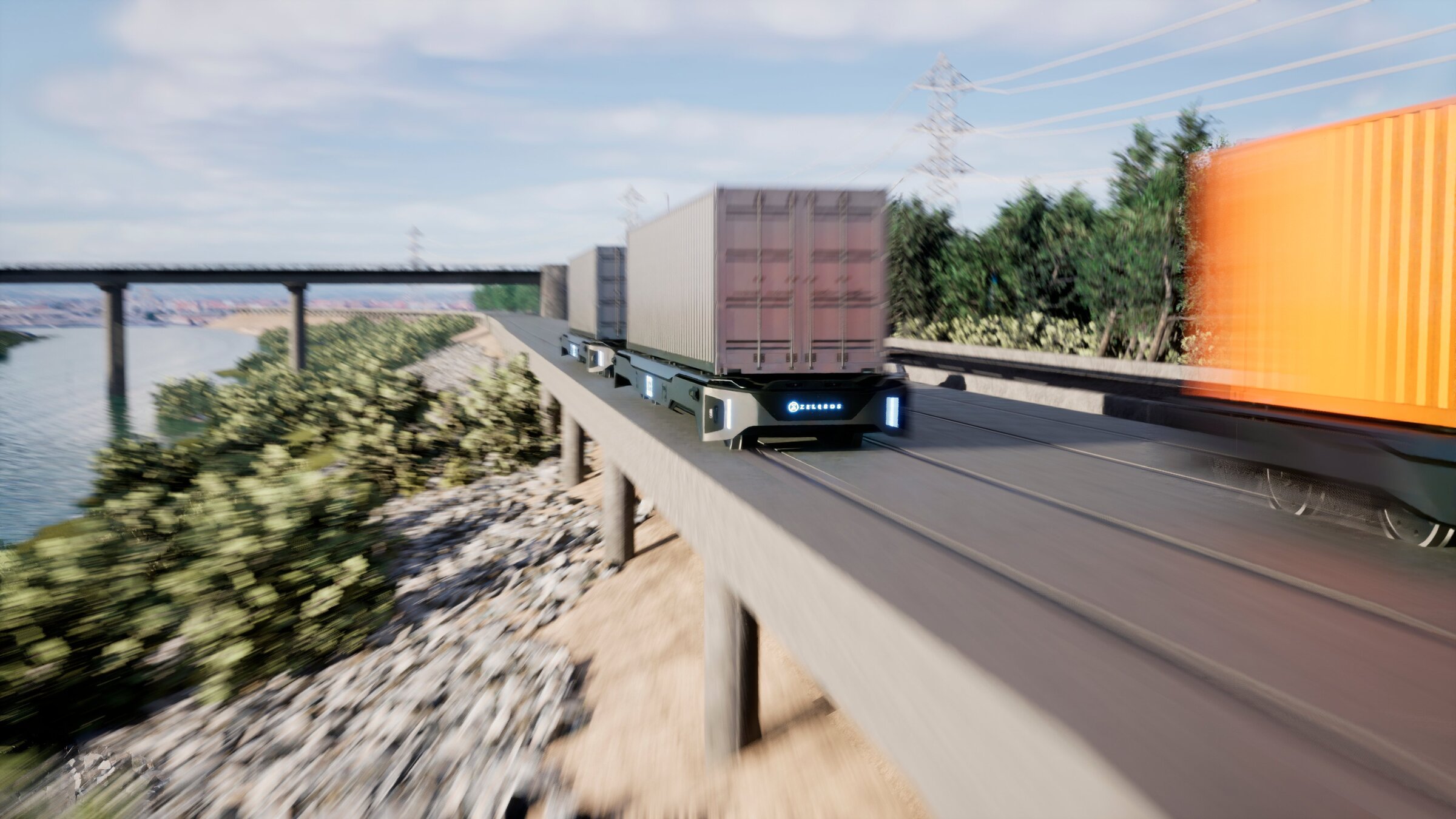 Zeleros SELF autonomous container shuttles running along an elevated coastal track