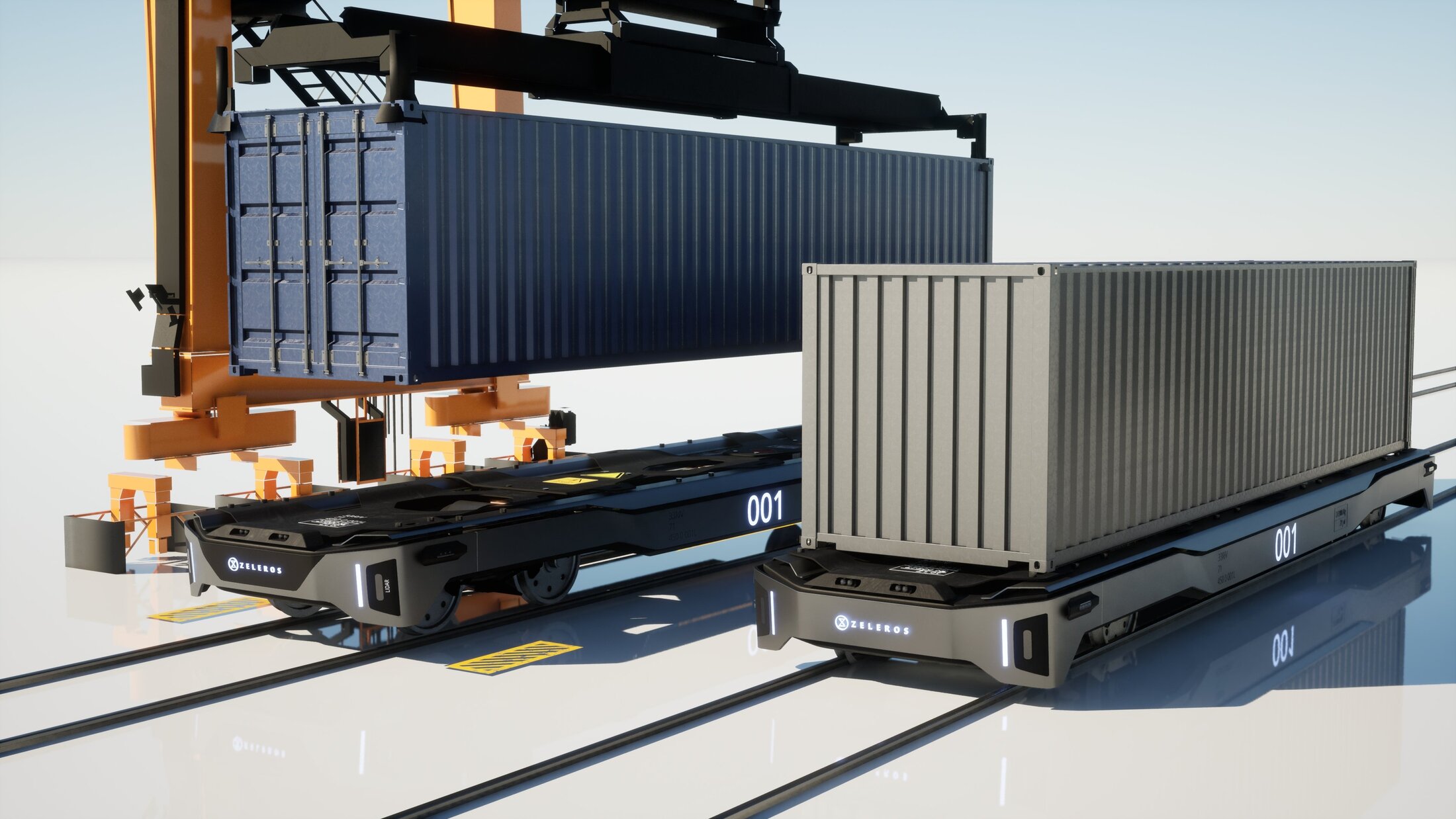 Gantry crane loading a container onto a Zeleros SELF unit