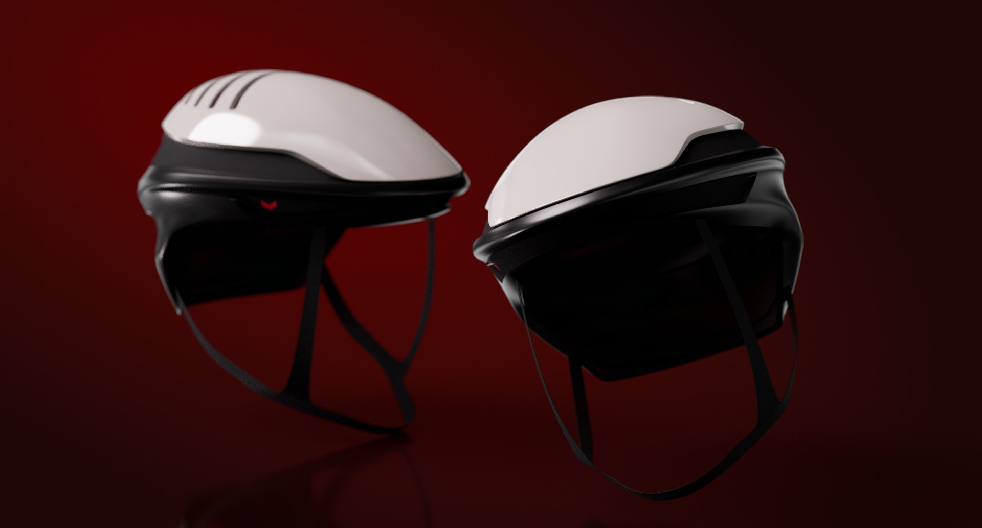 Two Zonda helmets floating, showing crown vents and moulded strap yokes