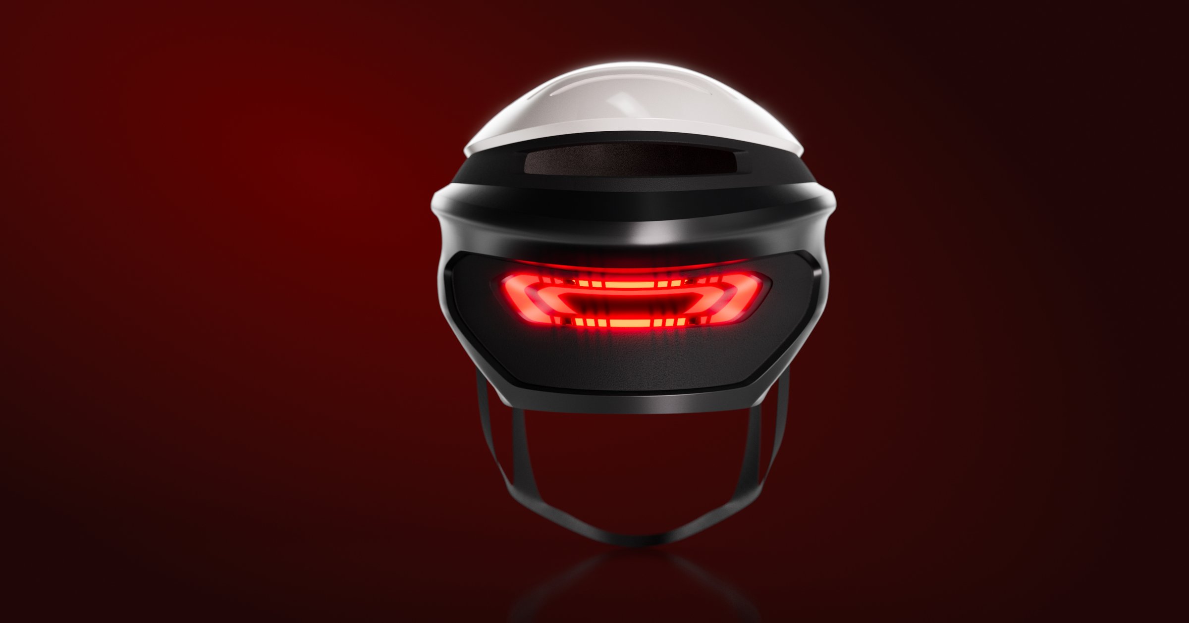Zonda helmet straight rear view with full-width wraparound LED tail lamp glowing red