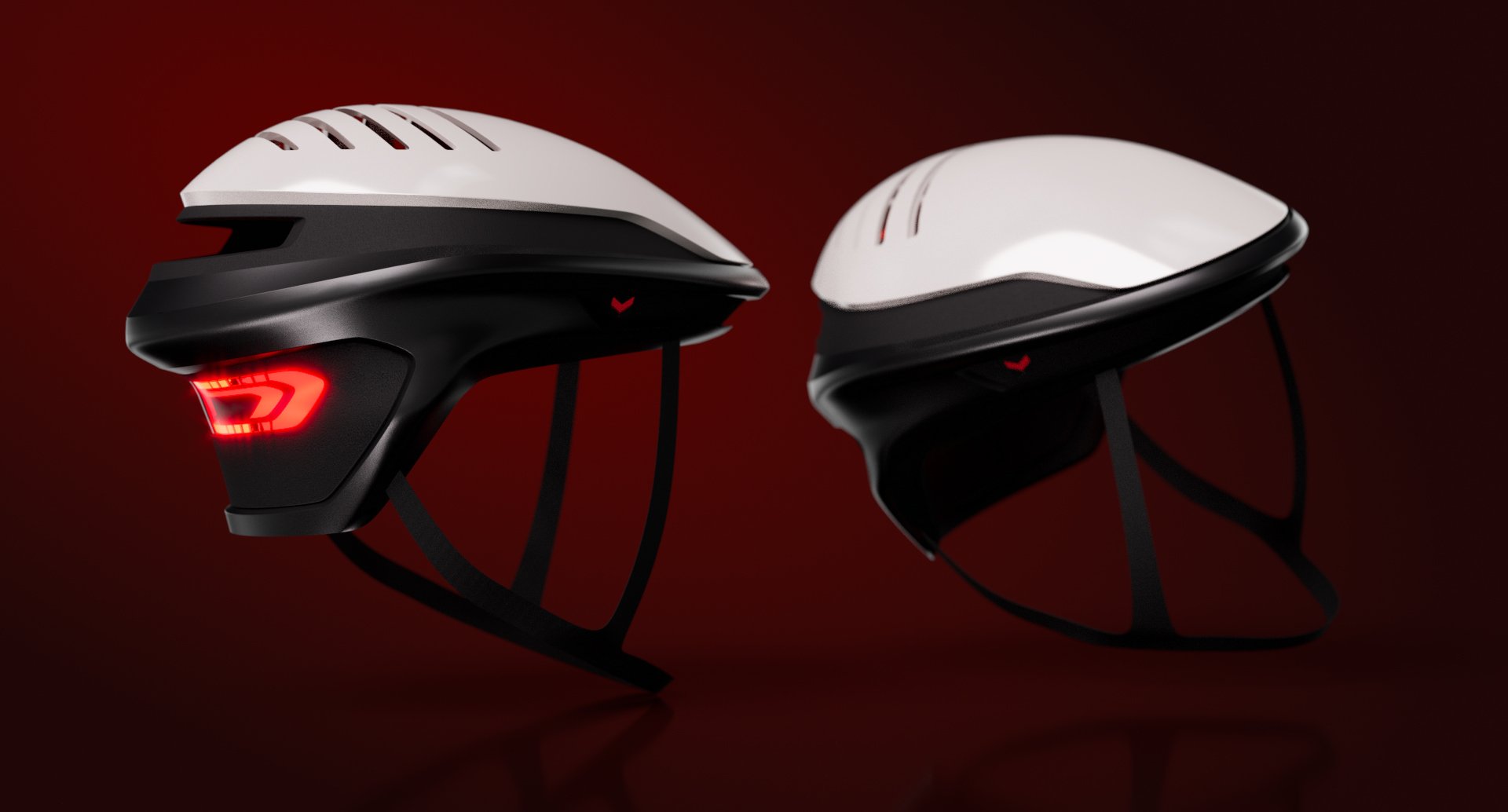 Two Zonda urban helmets on a deep red studio background, rear lamp lit on the left unit