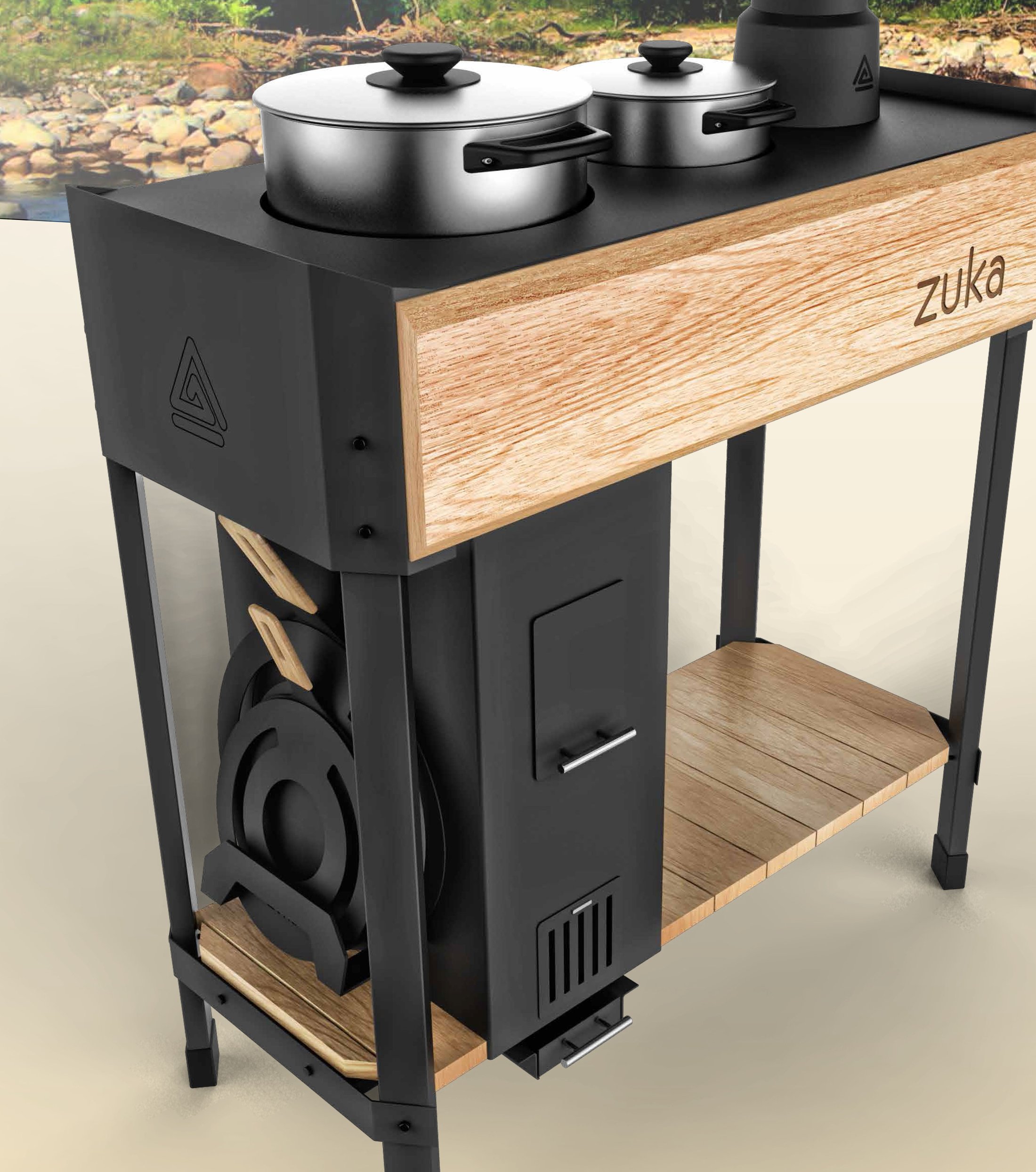 Studio render of the Zuka cookstove — steel body, impregnated pine cladding, lower shelf with accessories